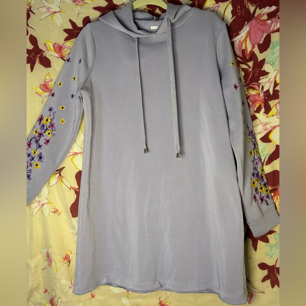 Grey/Purple Floral Long Sleeve Hoodie Dress